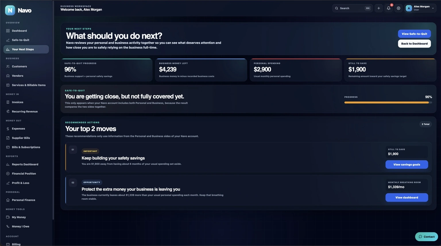 Navo Your Next Steps page showing Safe-to-Quit progress and recommended financial actions